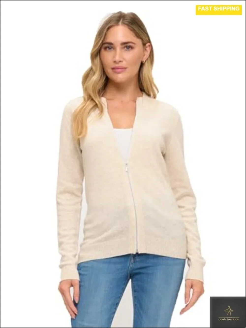 100% Cashmere Long Sleeve Crew Neck Zip Cardigan